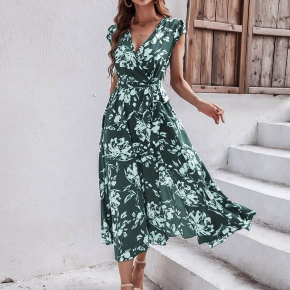 New Floral Print Puff Sleeve Wrap Belted Dress Green - Picture 3 of 6